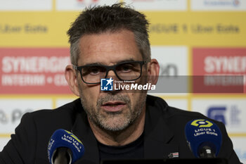2024-02-18 - Coach of FC Nantes Jocelyn Gourvennec during the post-match press conference following the French championship Ligue 1 football match between FC Nantes and Paris Saint-Germain on February 17, 2024 at La Beaujoire - Louis Fonteneau stadium in Nantes, France - FOOTBALL - FRENCH CHAMP - NANTES V PARIS SG - FRENCH LIGUE 1 - SOCCER