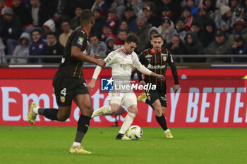 2024-03-03 - Nicolas TAGLIAFICO of Lyon and Ruben AGUILAR of Lens and Kevin DANSO of Lens during the French championship Ligue 1 football match between Olympique Lyonnais and RC Lens on March 3, 2024 at Groupama stadium in Décines-Charpieu near Lyon, France - FOOTBALL - FRENCH CHAMP - LYON V LENS - FRENCH LIGUE 1 - SOCCER