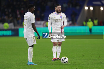 2024-03-03 - Rayan CHERKI of Lyon and Ernest NUAMAH of Lyon during the French championship Ligue 1 football match between Olympique Lyonnais and RC Lens on March 3, 2024 at Groupama stadium in Décines-Charpieu near Lyon, France - FOOTBALL - FRENCH CHAMP - LYON V LENS - FRENCH LIGUE 1 - SOCCER