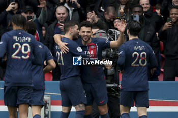2024-03-10 - Goncalo Ramos of PSG celebrates his second goal with Lucas Hernandez and teammates during the French championship Ligue 1 football match between Paris Saint-Germain and Stade de Reims on March 10, 2024 at Parc des Princes stadium in Paris, France - FOOTBALL - FRENCH CHAMP - PARIS SG V REIMS - FRENCH LIGUE 1 - SOCCER