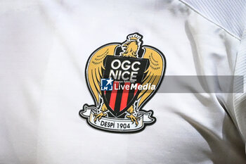 2024-03-16 - Illustration of the official logo of Nice during the French championship Ligue 1 football match between RC Lens and OGC Nice on March 16, 2024 at Bollaert-Delelis stadium in Lens, France - FOOTBALL - FRENCH CHAMP - LENS V NICE - FRENCH LIGUE 1 - SOCCER