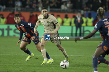 2024-03-17 - Achraf Hakimi of PSG, left Khalil Fayad of Montpellier during the French championship Ligue 1 football match between Montpellier HSC (MHSC) and Paris Saint-Germain (PSG) on March 17, 2024 at La Mosson stadium in Montpellier, France - FOOTBALL - FRENCH CHAMP - MONTPELLIER V PARIS SG - FRENCH LIGUE 1 - SOCCER