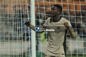 2024-03-17 - Nuno Mendes of PSG celebrates his goal during the French championship Ligue 1 football match between Montpellier HSC (MHSC) and Paris Saint-Germain (PSG) on March 17, 2024 at La Mosson stadium in Montpellier, France - FOOTBALL - FRENCH CHAMP - MONTPELLIER V PARIS SG - FRENCH LIGUE 1 - SOCCER
