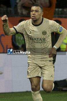 2024-03-17 - Kylian Mbappe of PSG celebrates his first goal during the French championship Ligue 1 football match between Montpellier HSC (MHSC) and Paris Saint-Germain (PSG) on March 17, 2024 at La Mosson stadium in Montpellier, France - FOOTBALL - FRENCH CHAMP - MONTPELLIER V PARIS SG - FRENCH LIGUE 1 - SOCCER