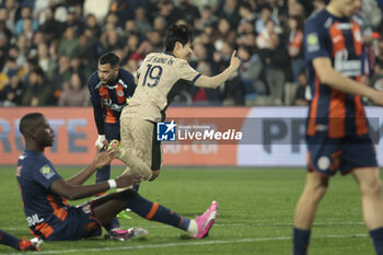 2024-03-17 - Lee Kang-in of PSG celebrates his goal during the French championship Ligue 1 football match between Montpellier HSC (MHSC) and Paris Saint-Germain (PSG) on March 17, 2024 at La Mosson stadium in Montpellier, France - FOOTBALL - FRENCH CHAMP - MONTPELLIER V PARIS SG - FRENCH LIGUE 1 - SOCCER