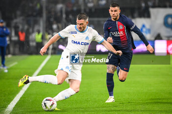 2024-03-31 - Jordan VERETOUT of Marseille and Lucas HERNANDEZ of PSG during the French championship Ligue 1 football match between Olympique de Marseille and Paris Saint-Germain on March 31, 2024 at Orange Velodrome stadium in Marseille, France - FOOTBALL - FRENCH CHAMP - MARSEILLE V PARIS SG - FRENCH LIGUE 1 - SOCCER