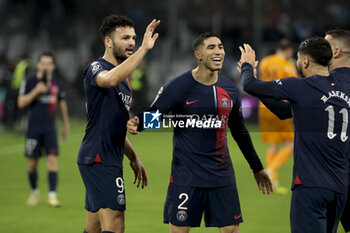 2024-03-31 - Goncalo Ramos of PSG celebrates his goal with Achraf Hakimi during the French championship Ligue 1 football match between Olympique de Marseille (OM) and Paris Saint-Germain (PSG) on March 31, 2024 at Stade Velodrome in Marseille, France - FOOTBALL - FRENCH CHAMP - MARSEILLE V PARIS SG - FRENCH LIGUE 1 - SOCCER