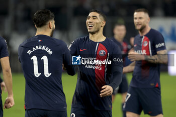 2024-03-31 - Goncalo Ramos of PSG celebrates his goal with Achraf Hakimi during the French championship Ligue 1 football match between Olympique de Marseille (OM) and Paris Saint-Germain (PSG) on March 31, 2024 at Stade Velodrome in Marseille, France - FOOTBALL - FRENCH CHAMP - MARSEILLE V PARIS SG - FRENCH LIGUE 1 - SOCCER