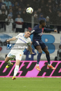 2024-03-31 - Jordan Veretout of Marseille, Ousmane Dembele of PSG during the French championship Ligue 1 football match between Olympique de Marseille (OM) and Paris Saint-Germain (PSG) on March 31, 2024 at Stade Velodrome in Marseille, France - FOOTBALL - FRENCH CHAMP - MARSEILLE V PARIS SG - FRENCH LIGUE 1 - SOCCER