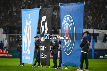 2024-03-31 - Illustration of official flag of Marseille, of Ligue 1 Uber Eats and of PSG during the French championship Ligue 1 football match between Olympique de Marseille and Paris Saint-Germain on March 31, 2024 at Orange Velodrome stadium in Marseille, France - FOOTBALL - FRENCH CHAMP - MARSEILLE V PARIS SG - FRENCH LIGUE 1 - SOCCER