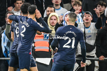 2024-03-31 - Goncalo RAMOS of PSG celebrate his goal with Achraf HAKIMI of PSG and Lucas HERNANDEZ of PSG during the French championship Ligue 1 football match between Olympique de Marseille and Paris Saint-Germain on March 31, 2024 at Orange Velodrome stadium in Marseille, France - FOOTBALL - FRENCH CHAMP - MARSEILLE V PARIS SG - FRENCH LIGUE 1 - SOCCER