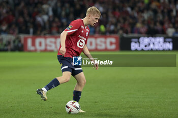 2024-04-05 - Hakon Haraldsson of Lille during the French championship Ligue 1 football match between Lille OSC (LOSC) and Olympique de Marseille (OM) on April 5, 2024 at Stade Pierre Mauroy in Villeneuve-d'Ascq near Lille, France - FOOTBALL - FRENCH CHAMP - LILLE V MARSEILLE - FRENCH LIGUE 1 - SOCCER
