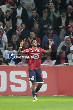2024-04-05 - Jonathan David of Lille celebrates his goal during the French championship Ligue 1 football match between Lille OSC (LOSC) and Olympique de Marseille (OM) on April 5, 2024 at Stade Pierre Mauroy in Villeneuve-d'Ascq near Lille, France - FOOTBALL - FRENCH CHAMP - LILLE V MARSEILLE - FRENCH LIGUE 1 - SOCCER