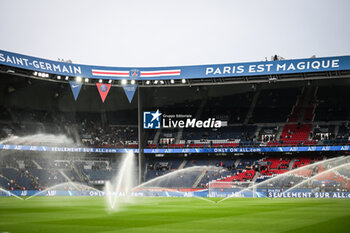 2024-04-06 - General view of the stadium with the watering of the lawn during the French championship Ligue 1 football match between Paris Saint-Germain and Clermont Foot 63 on April 6, 2024 at Parc des Princes stadium in Paris, France - FOOTBALL - FRENCH CHAMP - PARIS SG V CLERMONT - FRENCH LIGUE 1 - SOCCER