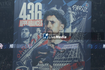 2024-04-21 - Marquinhos of PSG is honored for his record 436 matches played for PSG following the French championship Ligue 1 football match between Paris Saint-Germain and Olympique Lyonnais (Lyon) on April 21, 2024 at Parc des Princes stadium in Paris, France - FOOTBALL - FRENCH CHAMP - PARIS SG V LYON - FRENCH LIGUE 1 - SOCCER