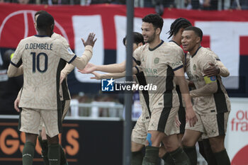2024-04-24 - Kylian Mbappe of PSG (R) celebrates his goal with Goncalo Ramos and teammates during the French championship Ligue 1 football match between FC Lorient and Paris Saint-Germain (PSG) on April 24, 2024 at Stade du Moustoir in Lorient, France - FOOTBALL - FRENCH CHAMP - LORIENT V PARIS SG - FRENCH LIGUE 1 - SOCCER