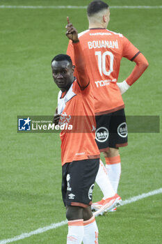 2024-04-24 - Mohamed Bamba of Lorient celebrates his goal during the French championship Ligue 1 football match between FC Lorient and Paris Saint-Germain (PSG) on April 24, 2024 at Stade du Moustoir in Lorient, France - FOOTBALL - FRENCH CHAMP - LORIENT V PARIS SG - FRENCH LIGUE 1 - SOCCER