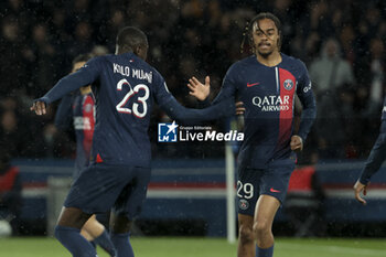 2024-04-27 - Bradley Barcola of PSG celebrates his goal with Randal Kolo Muani during the French championship Ligue 1 football match between Paris Saint-Germain (PSG) and Le Havre AC (HAC) on April 27, 2024 at Parc des Princes stadium in Paris, France - FOOTBALL - FRENCH CHAMP - PARIS SG V LE HAVRE - FRENCH LIGUE 1 - SOCCER