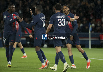 2024-04-27 - Bradley Barcola of PSG celebrates his goal with Randal Kolo Muani (left) and teammates during the French championship Ligue 1 football match between Paris Saint-Germain (PSG) and Le Havre AC (HAC) on April 27, 2024 at Parc des Princes stadium in Paris, France - FOOTBALL - FRENCH CHAMP - PARIS SG V LE HAVRE - FRENCH LIGUE 1 - SOCCER