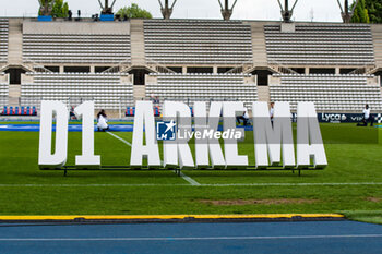 2024-05-17 - The D1 Arkema promotional sign ahead of the Women's French championship, Play-offs, 3rd place football match between Paris FC and Stade de Reims on May 17, 2024 at Sébastien Charléty stadium in Paris, France - FOOTBALL - WOMEN'S FRENCH CHAMP - 3RD PLACE - PARIS FC V REIMS - FRENCH WOMEN DIVISION 1 - SOCCER