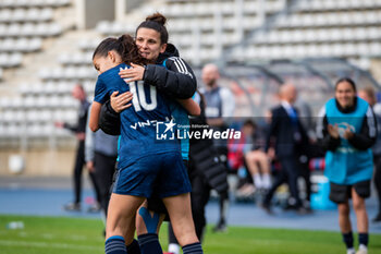 2024-05-17 - Clara Mateo of Paris FC celebrates after scoring with Mathilde Bourdieu of Paris FC during the Women's French championship, Play-offs, 3rd place football match between Paris FC and Stade de Reims on May 17, 2024 at Sébastien Charléty stadium in Paris, France - FOOTBALL - WOMEN'S FRENCH CHAMP - 3RD PLACE - PARIS FC V REIMS - FRENCH WOMEN DIVISION 1 - SOCCER