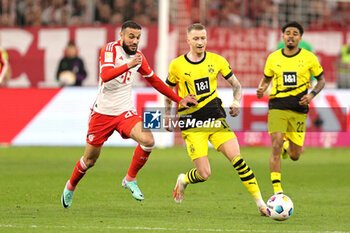 2024-03-30 - Noussair Mazraoui of Bayern Munich and Marco Reus of Borussia Dortmund during the German championship Bundesliga football match between Bayern Munich and Borussia Dortmund on March 30, 2024 at Allianz Arena in Munich, Germany - FOOTBALL - GERMAN CHAMP - BAYERN MUNICH V DORTMUND - GERMAN BUNDESLIGA - SOCCER