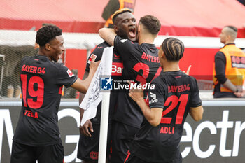 2024-04-14 - Victor Boniface of Bayer Leverkusen celebrates his goal 1-0 during the German championship Bundesliga football match between Bayer Leverkusen and Werder Bremen on April 14, 2024 at BayArena in Leverkusen, Germany - FOOTBALL - GERMAN CHAMP - LEVERKUSEN V BREMEN - GERMAN BUNDESLIGA - SOCCER