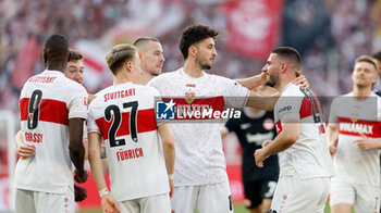 2024-04-13 - Deniz Undav (R) of Stuttgart celebrates his goal 2-0 with teammates during the German championship Bundesliga football match between VfB Stuttgart and Eintracht Frankfurt on April 13, 2024 at MHPArena in Stuttgart, Germany - FOOTBALL - GERMAN CHAMP - STUTTGART V FRANKFURT - GERMAN BUNDESLIGA - SOCCER