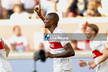 2024-04-13 - Serhou Guirassy of Stuttgart celebrates his goal 1-0 during the German championship Bundesliga football match between VfB Stuttgart and Eintracht Frankfurt on April 13, 2024 at MHPArena in Stuttgart, Germany - FOOTBALL - GERMAN CHAMP - STUTTGART V FRANKFURT - GERMAN BUNDESLIGA - SOCCER