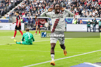 2024-05-05 - Jeremie Frimpong of Leverkusen celebrates his goal 1-4 during the German championship Bundesliga football match between Eintracht Frankfurt and Bayer 04 Leverkusen on May 5, 2024 at Deutsche Bank Park in Frankfurt, Germany - FOOTBALL - GERMAN CHAMP - FRANKFURT V LEVERKUSEN - GERMAN BUNDESLIGA - SOCCER