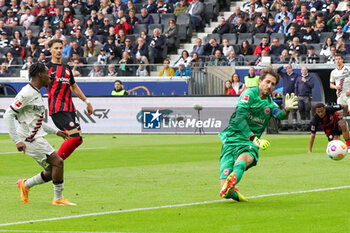 2024-05-05 - Jeremie Frimpong of Leverkusen scores a goal 1-4 during the German championship Bundesliga football match between Eintracht Frankfurt and Bayer 04 Leverkusen on May 5, 2024 at Deutsche Bank Park in Frankfurt, Germany - FOOTBALL - GERMAN CHAMP - FRANKFURT V LEVERKUSEN - GERMAN BUNDESLIGA - SOCCER