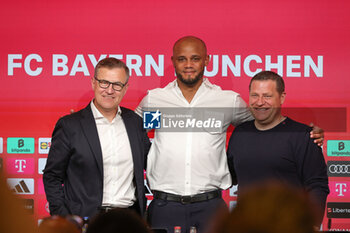 2024-05-30 - Vincent Kompany during his presentation as a new head coach of Bayern Munich with Bayern Munich chief executive officer Jan-Christian Dreesen (L) and Bayern Munich director of sport Max Eberl (R) on May 30, 2024 in Munich, Germany - FOOTBALL - PRESENTATION HEAD COACH VINCENT KOMPANY IN BAYERN MUNICH - GERMAN BUNDESLIGA - SOCCER