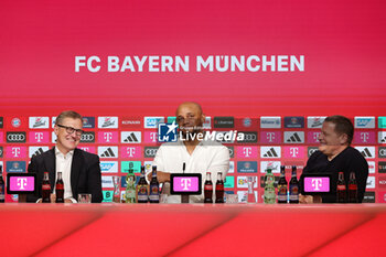 2024-05-30 - Vincent Kompany during his presentation as a new head coach of Bayern Munich with Bayern Munich chief executive officer Jan-Christian Dreesen (L) and Bayern Munich director of sport Max Eberl (R) on May 30, 2024 in Munich, Germany - FOOTBALL - PRESENTATION HEAD COACH VINCENT KOMPANY IN BAYERN MUNICH - GERMAN BUNDESLIGA - SOCCER