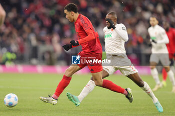 2024-11-22 - Jamal Musiala of Bayern Munich and Frank Onyeka of Augsburg during the German championship Bundesliga football match between Bayern Munich and Augsburg on 22 November 2024 at Allianz Arena in Munich, Germany - FOOTBALL - GERMAN CHAMP - BAYERN MUNICH V AUGSBURG - GERMAN BUNDESLIGA - SOCCER