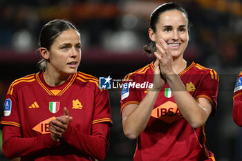 2024-01-13 - Laura Feiersinger and Evelyne Viens of A.S. Roma Women during the 12th day of the Serie A Championship between A.S. Roma Women vs Pomigliano Calcio Femminile on 13 January 2024 at the Tre Fontane Stadium in Rome, Italy. - AS ROMA VS POMIGLIANO WOMEN - ITALIAN SERIE A WOMEN - SOCCER