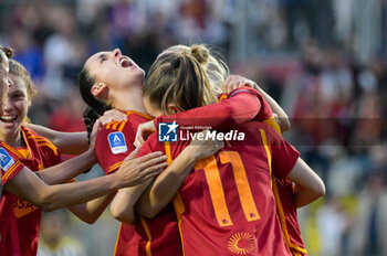 2024-04-15 - Evelyne Viens (AS Roma Women); celebrates after scoring the goal 2-1 during the Italian Football Championship League A Women 2023/2024 match between AS Roma Women vs Juventus FC at the Tre Fontane stadium on 15 April 2024. - POULE SCUDETTO - AS ROMA VS JUVENTUS FC - ITALIAN SERIE A WOMEN - SOCCER