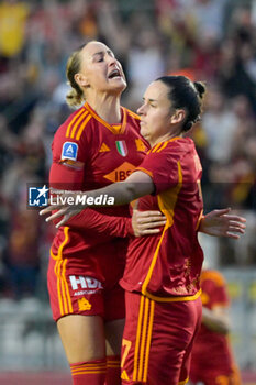 2024-04-15 - Evelyne Viens (AS Roma Women); Sanne Troelsgaard (AS Roma Women); celebrates after scoring the goal 2-1 during the Italian Football Championship League A Women 2023/2024 match between AS Roma Women vs Juventus FC at the Tre Fontane stadium on 15 April 2024. - POULE SCUDETTO - AS ROMA VS JUVENTUS FC - ITALIAN SERIE A WOMEN - SOCCER