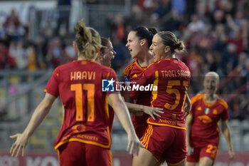 2024-04-15 - Evelyne Viens (AS Roma Women); celebrates after scoring the goal 2-1 during the Italian Football Championship League A Women 2023/2024 match between AS Roma Women vs Juventus FC at the Tre Fontane stadium on 15 April 2024. - POULE SCUDETTO - AS ROMA VS JUVENTUS FC - ITALIAN SERIE A WOMEN - SOCCER