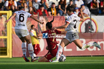 2024-10-20 - Nadine Sorelli of A.C. Milan Femminile, Evelyne Viens of A.S. Roma Femminile and Angelica Soffia of A.C. Milan Femminile in action during the 7th day of the Serie A Femminile eBay Championship between A.S. Roma and A.C. Milan Femminile at the Tre Fontane Stadium on October 20, 2024 in Rome, Italy. - AS ROMA VS AC MILAN - ITALIAN SERIE A WOMEN - SOCCER