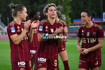 2024-10-20 - Emilie Haavi, Valentina Giacinti and Lucia Di Guglielmo of A.S. Roma Femminile are greeting the fans during the 7th day of the Serie A Femminile eBay Championship between A.S. Roma and A.C. Milan Femminile at the Tre Fontane Stadium on October 20, 2024 in Rome, Italy. - AS ROMA VS AC MILAN - ITALIAN SERIE A WOMEN - SOCCER