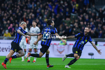 2024-02-28 - Matteo Darmian of FC Internazionale (C) celebrates after scoring a goal with Federico Dimarco of FC Internazionale (L) and Marko Arnautovic of FC Internazionale (R) during Serie A 2023/24 football match between FC Internazionale and Atalanta BC at Giuseppe Meazza Stadium, Milan, Italy on February 28, 2024 - INTER - FC INTERNAZIONALE VS ATALANTA BC - ITALIAN SERIE A - SOCCER