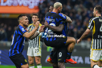 2024-02-04 - Marcus Thuram of FC Internazionale celebrates with Federico Dimarco of FC Internazionale and Lautaro Martinez of FC Internazionale during Serie A 2023/24 football match between FC Internazionale and Juventus FC at Giuseppe Meazza Stadium, Milan, Italy on February 04, 2024 - INTER - FC INTERNAZIONALE VS JUVENTUS FC - ITALIAN SERIE A - SOCCER