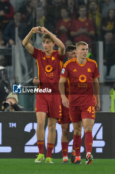 2024-02-05 - Dean Huijsen (AS Roma); celebrates after scoring the goal 4-0 during the Italian Football Championship League A 2023/2024 match between AS Roma vs Cagliari Calcio at the Olimpic Stadium in Rome on 07 January  2024. - AS ROMA VS CAGLIARI CALCIO - ITALIAN SERIE A - SOCCER