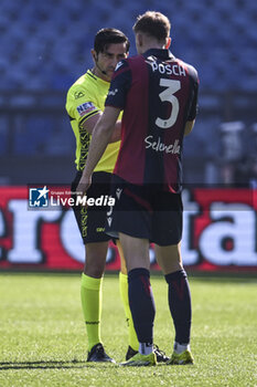 2024-02-18 - Referee Fabio Maresca and Stefan Posch of Bologna F.C. during the 25th day of the Serie A Championship between S.S. Lazio vs Bologna F.C. 1909, 18 February 2024 at the Olympic Stadium in Rome. - SS LAZIO VS BOLOGNA FC - ITALIAN SERIE A - SOCCER