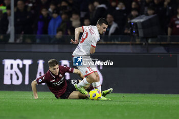 2024-02-24 - Salernitana's Croatian midfielder Toma Basic challenges for the ball with Monza’s Italian defender Samuele Birindelli during the Serie A football match between Unione Sportiva Salernitana vs Monza at the Arechi Stadium in Salerno on February 24, 2024. - US SALERNITANA VS AC MONZA - ITALIAN SERIE A - SOCCER