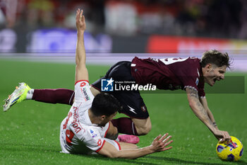 2024-02-24 - Salernitana's Italian defender Alessandro Zanoli challenges for the ball with Monza’s Italian defender Andrea Carboni during the Serie A football match between Unione Sportiva Salernitana vs Monza at the Arechi Stadium in Salerno on February 24, 2024. - US SALERNITANA VS AC MONZA - ITALIAN SERIE A - SOCCER