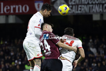 2024-02-24 - Monza's Italian defenderArmando Izzo challenges for the ball with Salernitana's Argentinian defender Marco Pellegrino during the Serie A football match between Unione Sportiva Salernitana vs Monza at the Arechi Stadium in Salerno on February 24, 2024. - US SALERNITANA VS AC MONZA - ITALIAN SERIE A - SOCCER