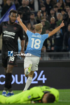 2024-04-12 - Lazio’s Gustav Isaksen celebrates after scoring the goal 4-1 during the Italian Football Championship League A 2023/2024 match between SS Lazio vs US Salernitana at the Olimpic Stadium in Rome on 12 Aprile 2024. - SS LAZIO VS US SALERNITANA - ITALIAN SERIE A - SOCCER
