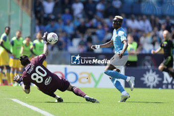 2024-04-14 - SSC Napoli's Nigerian forward Victor Osimhen challenges for the ball with Frosinone's Italian goalkeeper Stefano Turati during the Serie A football match between SSC Napoli and Frosinone at the Diego Armando Maradona Stadium in Naples, southern Italy, on April 14, 2024. - SSC NAPOLI VS FROSINONE CALCIO - ITALIAN SERIE A - SOCCER