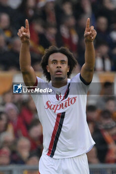 2024-04-22 - Bologna's Joshua Zirkzee celebrates after scoring the goal 0-2 during the Italian Football Championship League A 2023/2024 match between AS Roma vs Bologna FC at the Olimpic Stadium in Rome on 22 April 2024. - AS ROMA VS BOLOGNA FC - ITALIAN SERIE A - SOCCER
